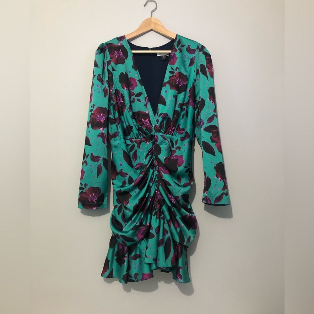 Delfi Purple And Green Floral Dress Long Sleeve Plunge Women’s Size Large